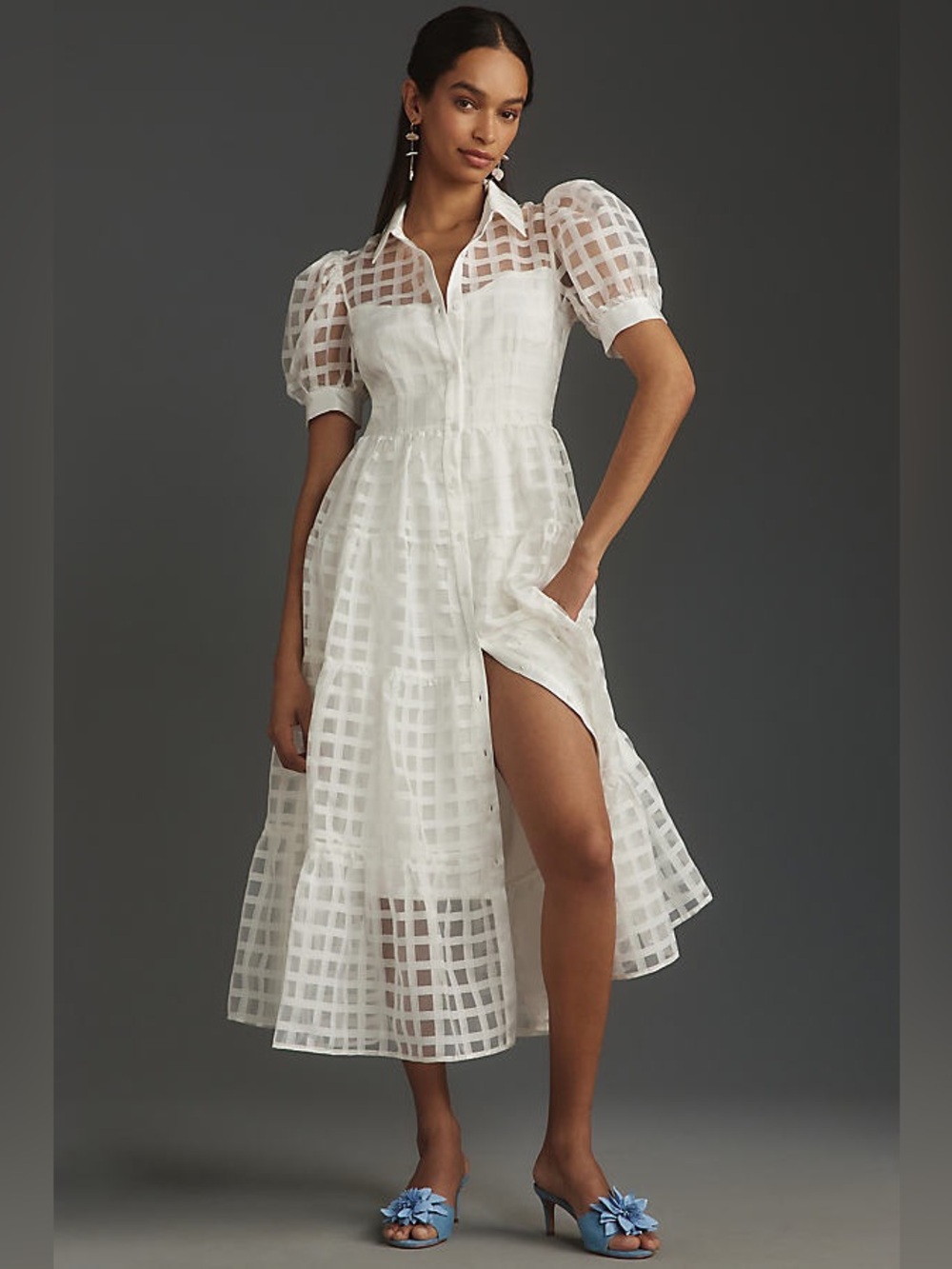 NWT English Factory Gridded Organza Tiered Maxi Dress in White Medium